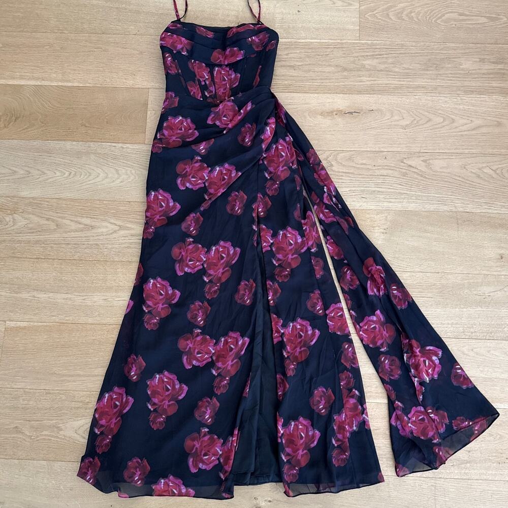 Azazie Maxi Dress Sleeveless Floral Angee Sizer US 2 Black Pink